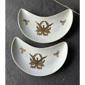 Vintage Crescent Bone Dishes White Porcelain Gold Eagle Federal Style Pair